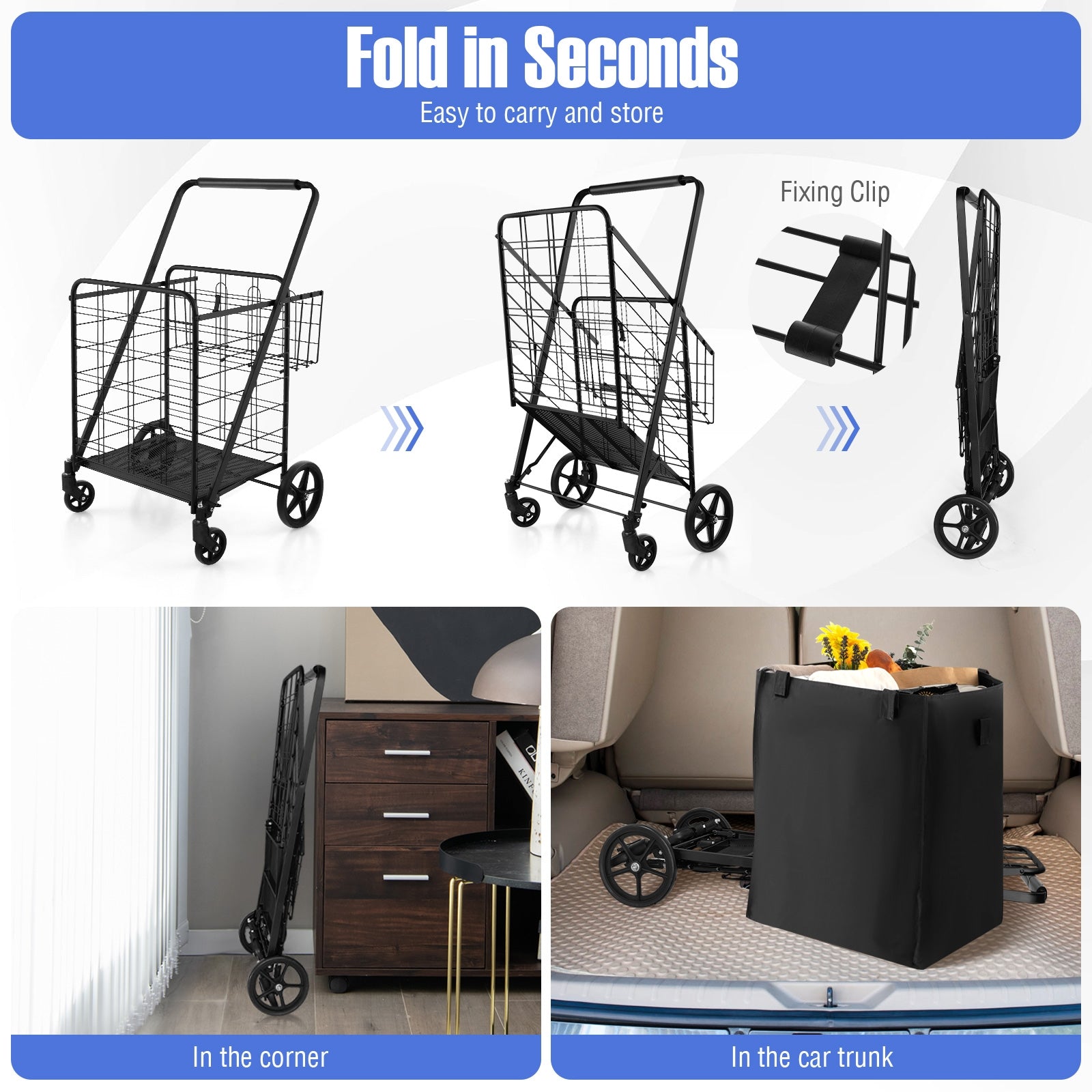 Folding Shopping Cart with Waterproof Liner Wheels and Basket, Black Kitchen Tools at Gallery Canada