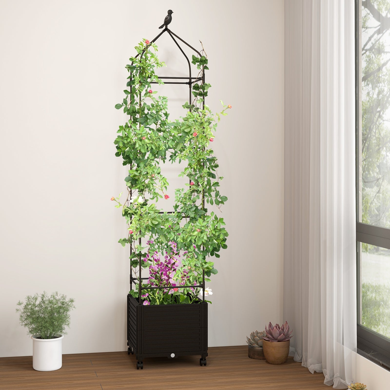 Indoor Outdoor Raised Garden Bed with Trellis and Self-Drainage and Wheels, Black Raised Garden Beds   at Gallery Canada