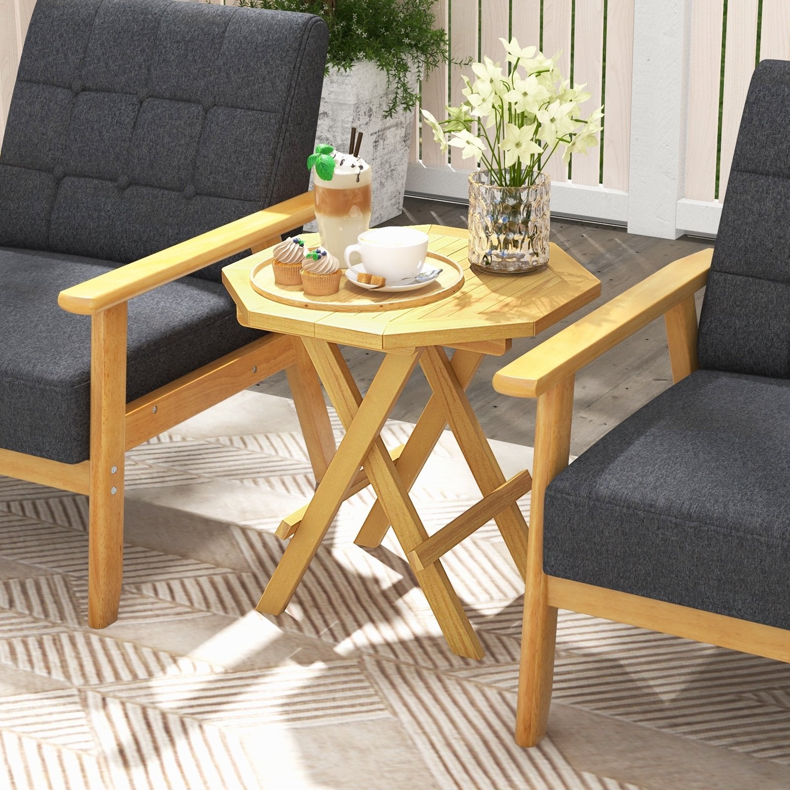 Teak Wood Octagon Coffee Table with X-shaped Legs and Slatted Tabletop, Natural Patio Coffee Tables   at Gallery Canada