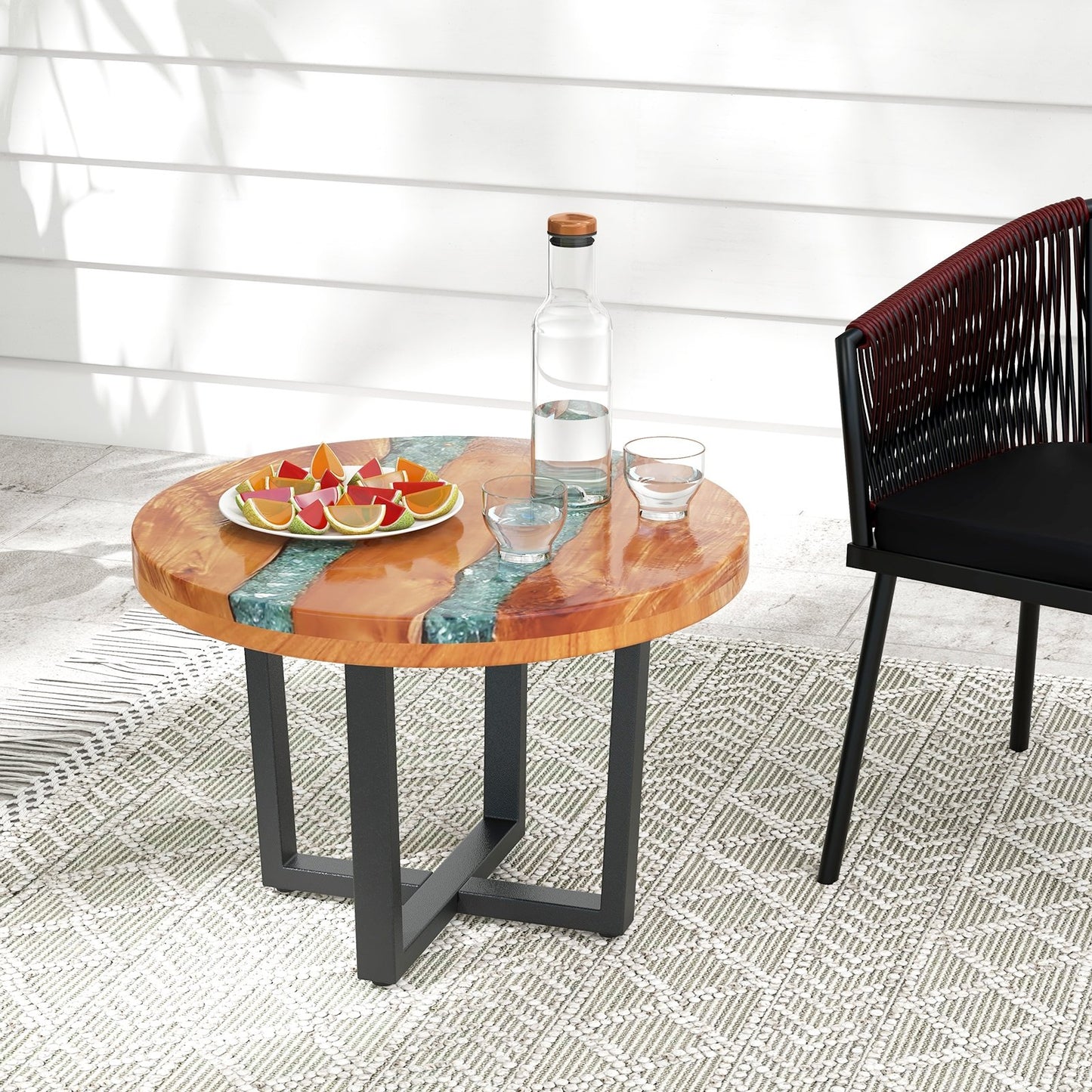 24 Inch Outdoor Solid Live Edge Round Teak Wood End Table with Epoxy Resin Tabletop, Brown End & Side Tables   at Gallery Canada