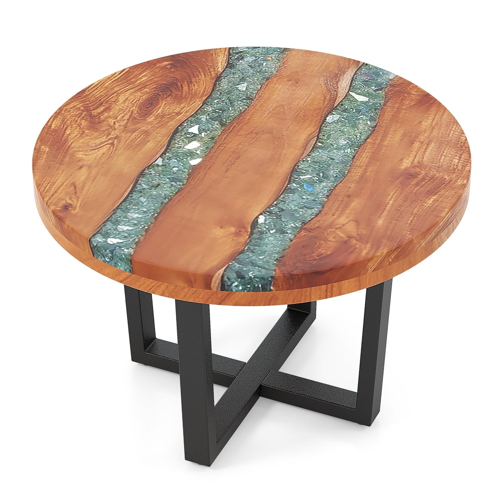 24 Inch Outdoor Solid Live Edge Round Teak Wood End Table with Epoxy Resin Tabletop, Brown End & Side Tables Brown  at Gallery Canada