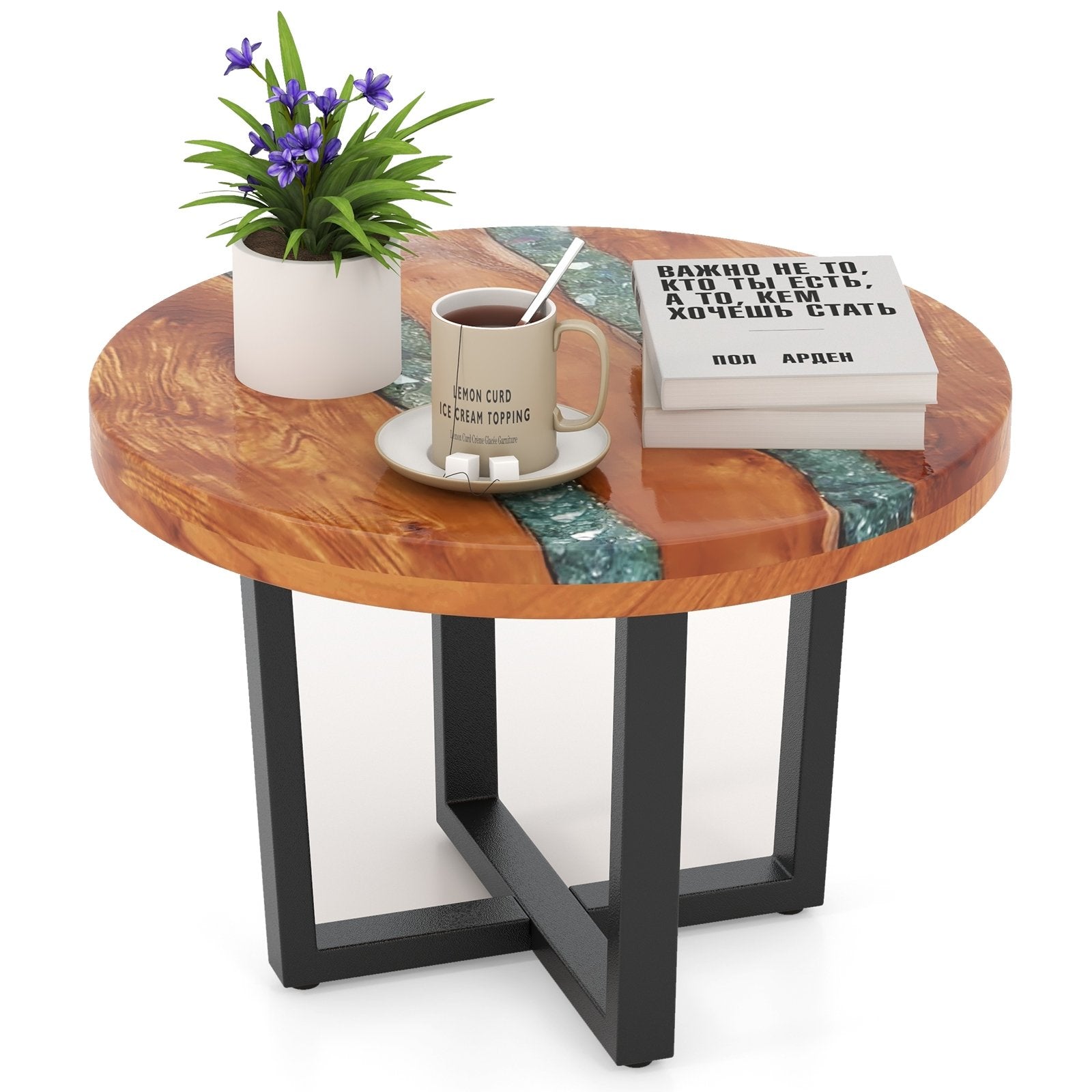 24 Inch Outdoor Solid Live Edge Round Teak Wood End Table with Epoxy Resin Tabletop, Brown End & Side Tables   at Gallery Canada