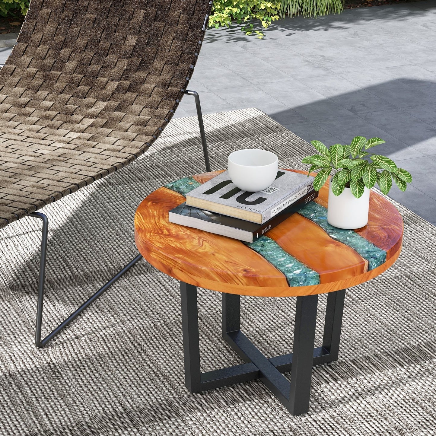 24 Inch Outdoor Solid Live Edge Round Teak Wood End Table with Epoxy Resin Tabletop, Brown End & Side Tables   at Gallery Canada