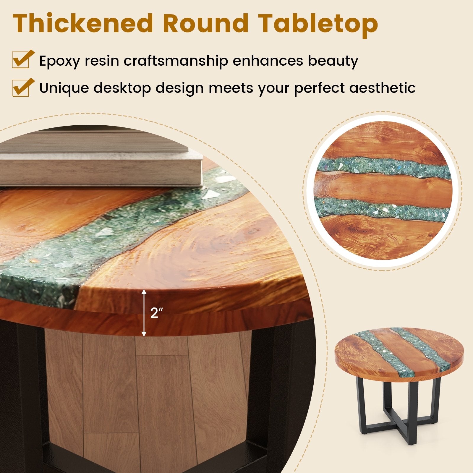 24 Inch Outdoor Solid Live Edge Round Teak Wood End Table with Epoxy Resin Tabletop, Brown End & Side Tables   at Gallery Canada