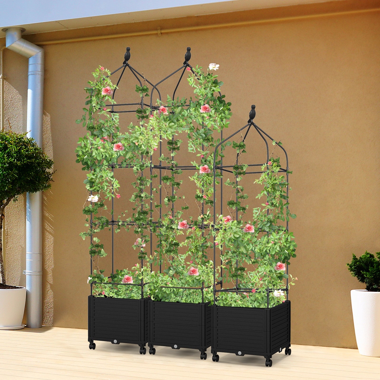 Indoor Outdoor Raised Garden Bed with Trellis and Self-Drainage and Wheels, Black Raised Garden Beds   at Gallery Canada