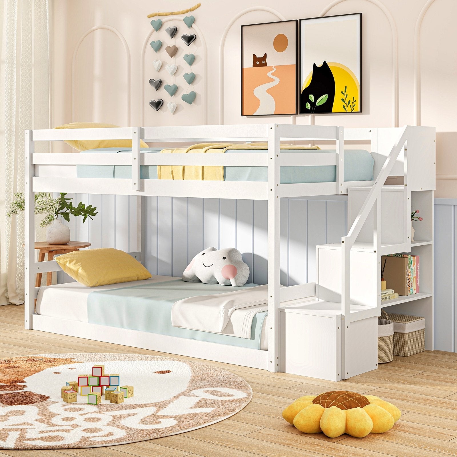 Twin Over Twin Low Bunk Bed with Storage Stairs Solid Wood Floor Bunk Bed Frame, White Bunk Bed Frame   at Gallery Canada