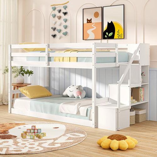 Twin Over Twin Low Bunk Bed with Storage Stairs Solid Wood Floor Bunk Bed Frame, White