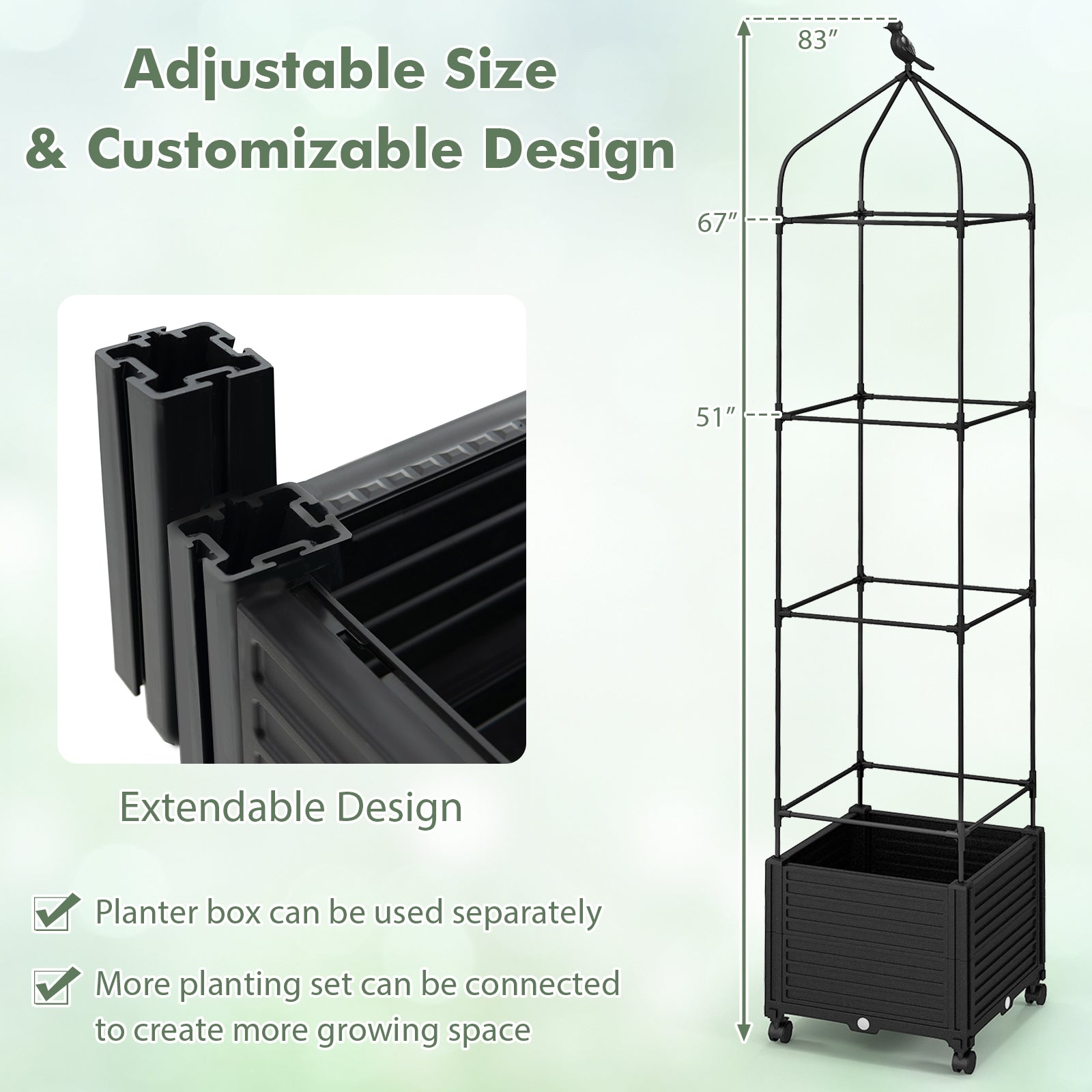 Indoor Outdoor Raised Garden Bed with Trellis and Self-Drainage and Wheels, Black Raised Garden Beds   at Gallery Canada