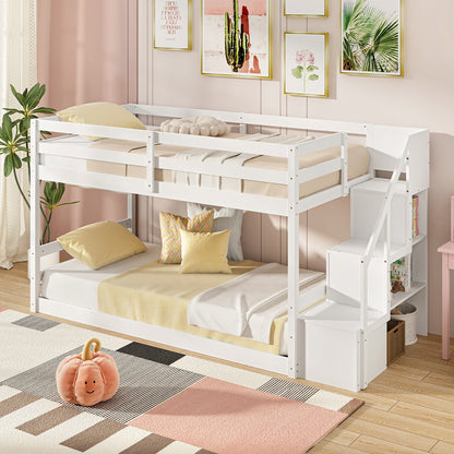 Twin Over Twin Low Bunk Bed with Storage Stairs Solid Wood Floor Bunk Bed Frame, White Bunk Bed Frame   at Gallery Canada