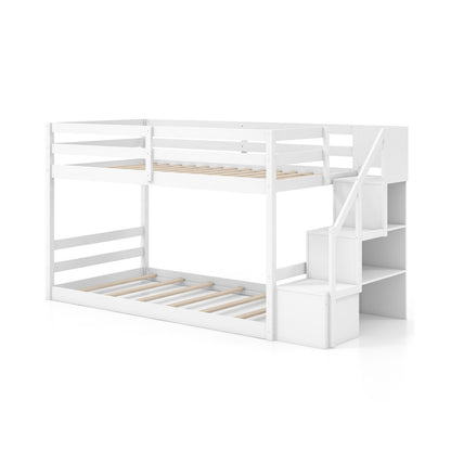 Twin Over Twin Low Bunk Bed with Storage Stairs Solid Wood Floor Bunk Bed Frame, White Bunk Bed Frame White  at Gallery Canada