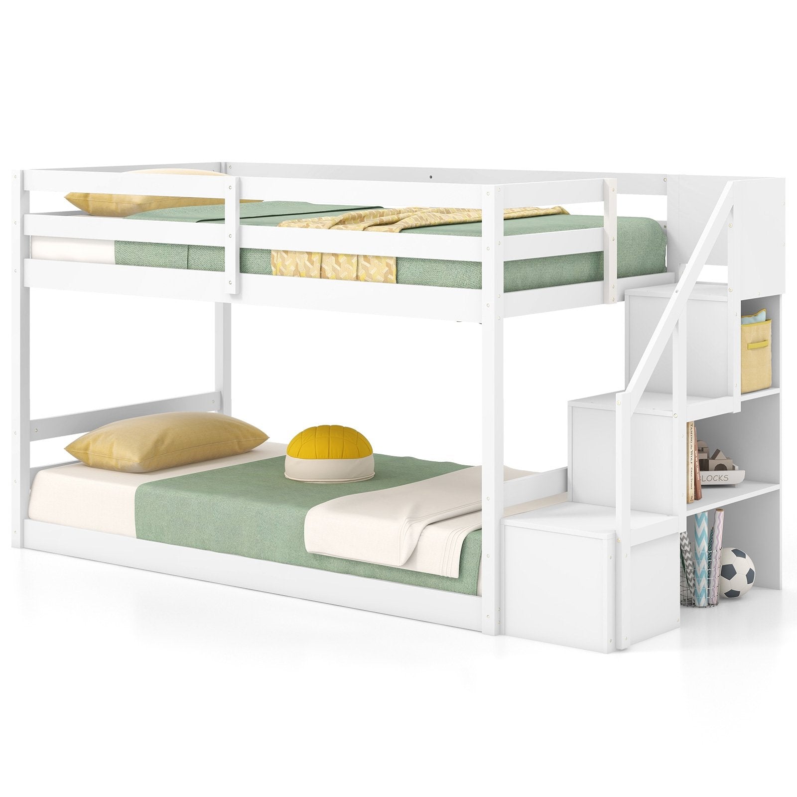 Twin Over Twin Low Bunk Bed with Storage Stairs Solid Wood Floor Bunk Bed Frame, White Bunk Bed Frame   at Gallery Canada