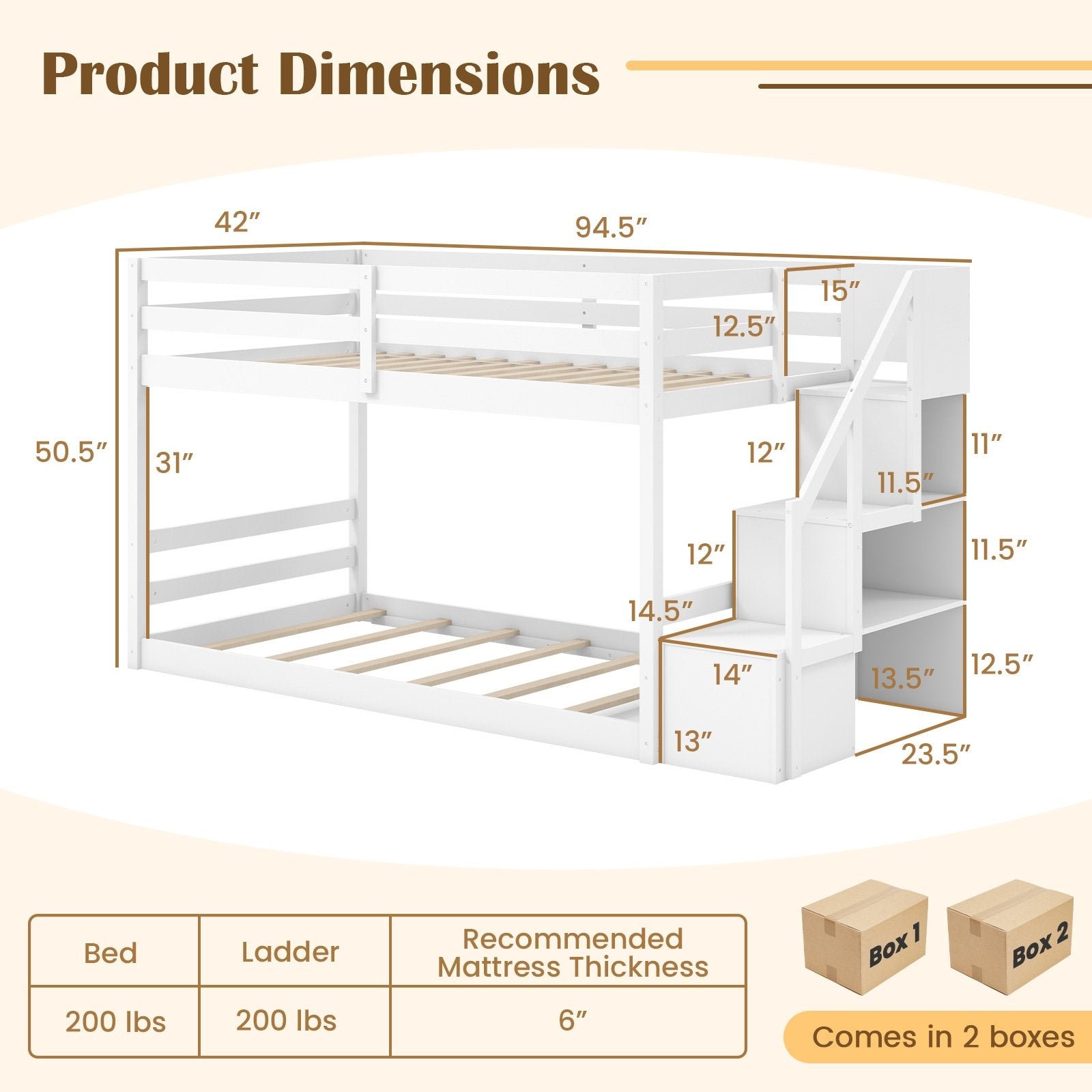 Twin Over Twin Low Bunk Bed with Storage Stairs Solid Wood Floor Bunk Bed Frame, White Bunk Bed Frame   at Gallery Canada