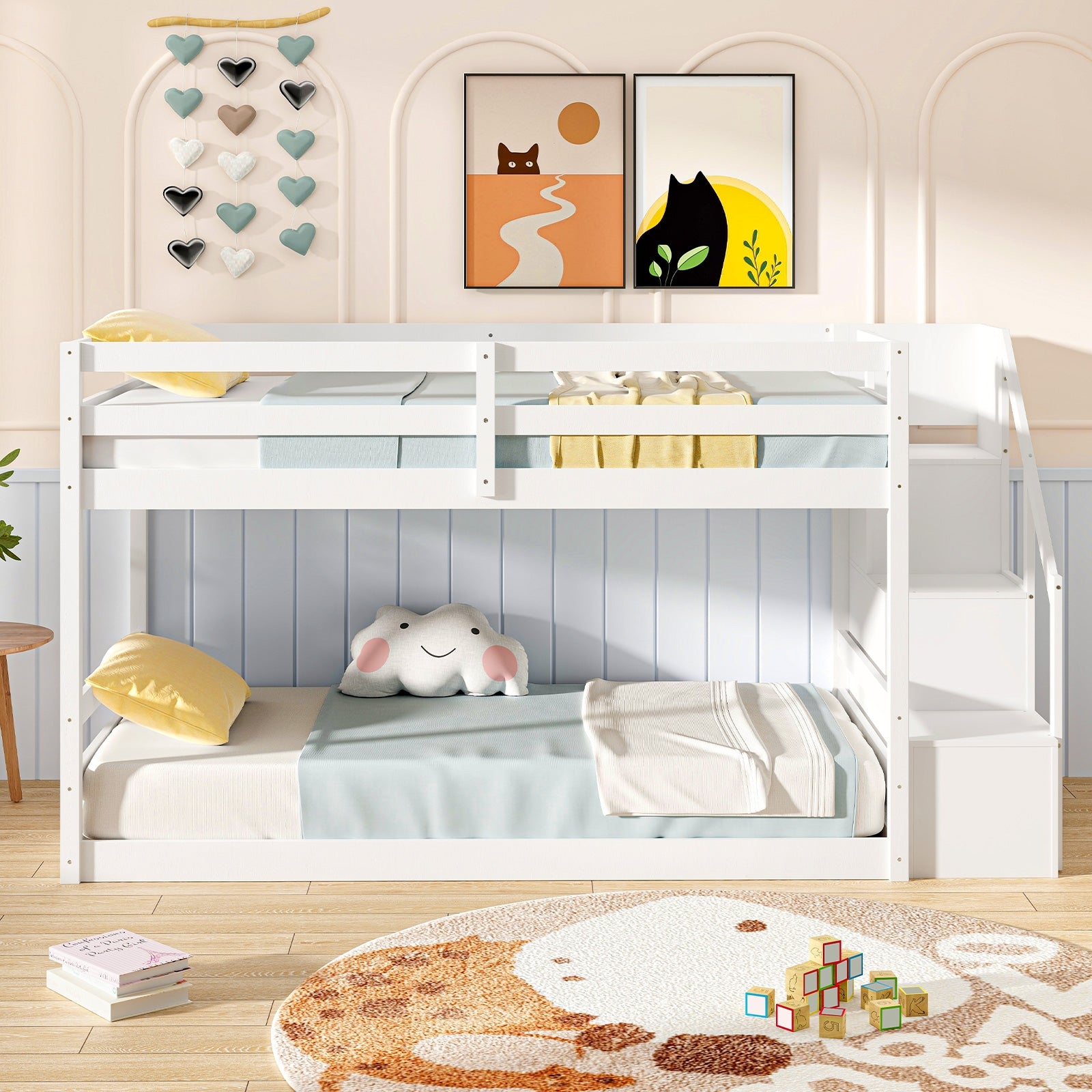 Twin Over Twin Low Bunk Bed with Storage Stairs Solid Wood Floor Bunk Bed Frame, White Bunk Bed Frame   at Gallery Canada