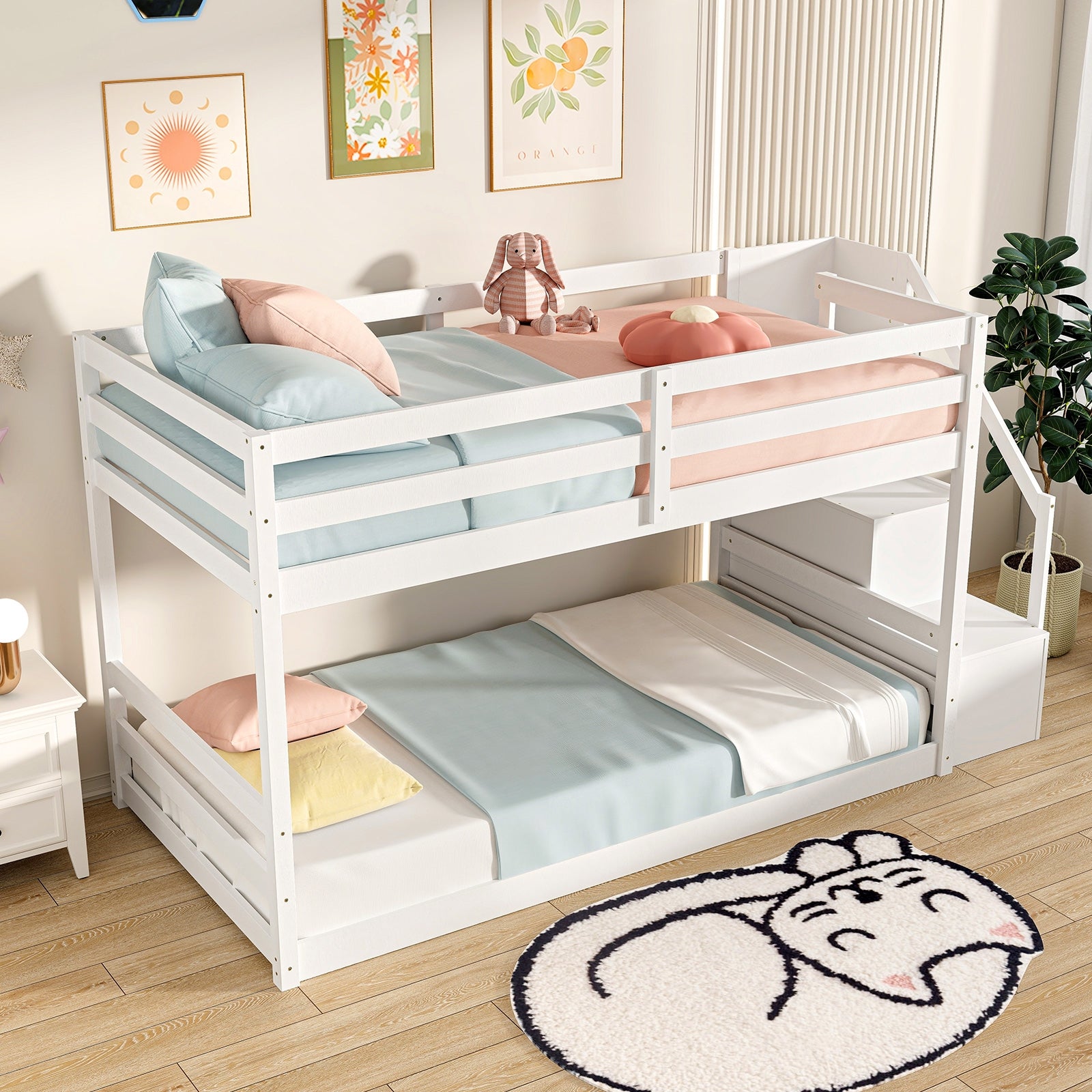 Twin Over Twin Low Bunk Bed with Storage Stairs Solid Wood Floor Bunk Bed Frame, White Bunk Bed Frame   at Gallery Canada