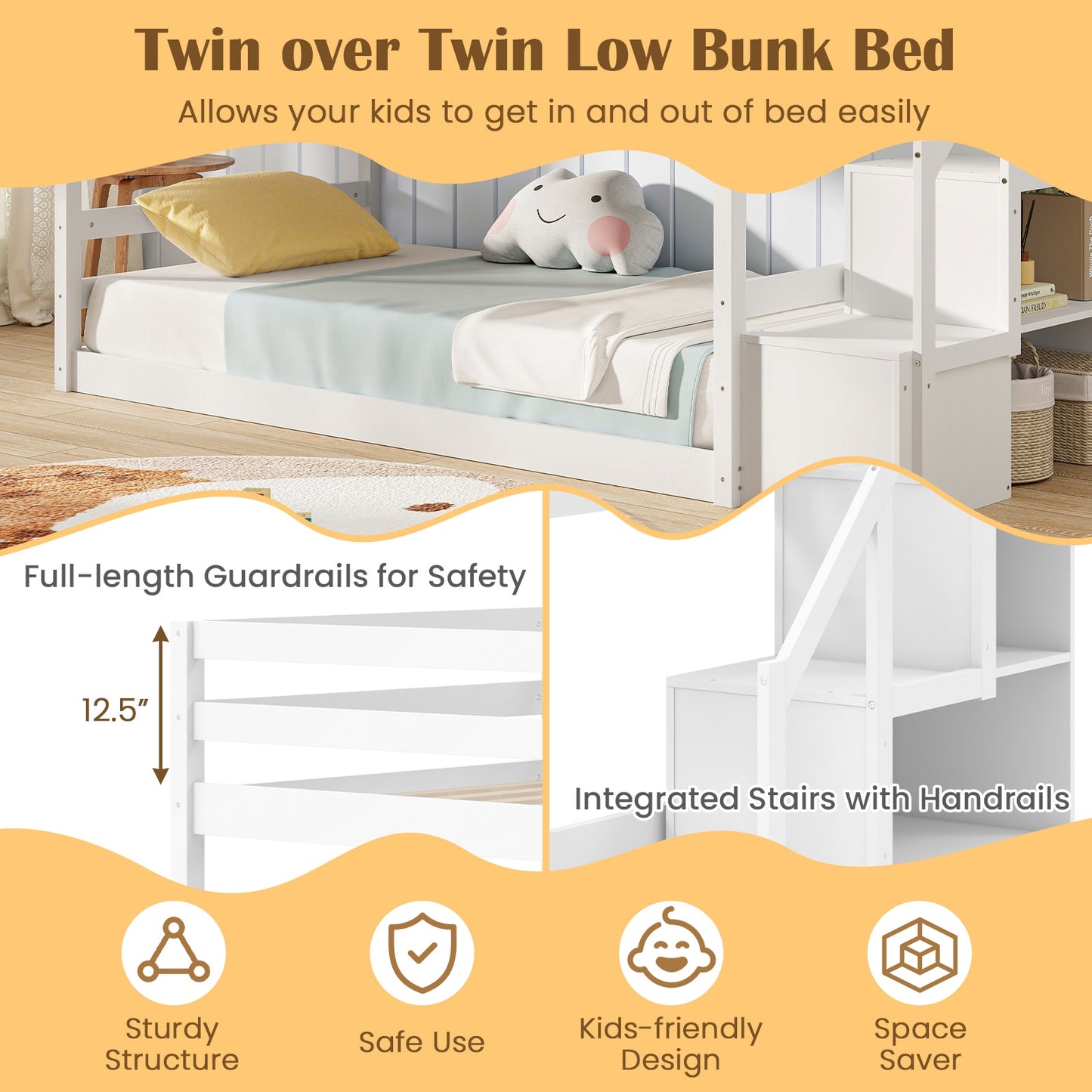 Twin Over Twin Low Bunk Bed with Storage Stairs Solid Wood Floor Bunk Bed Frame, White Bunk Bed Frame   at Gallery Canada