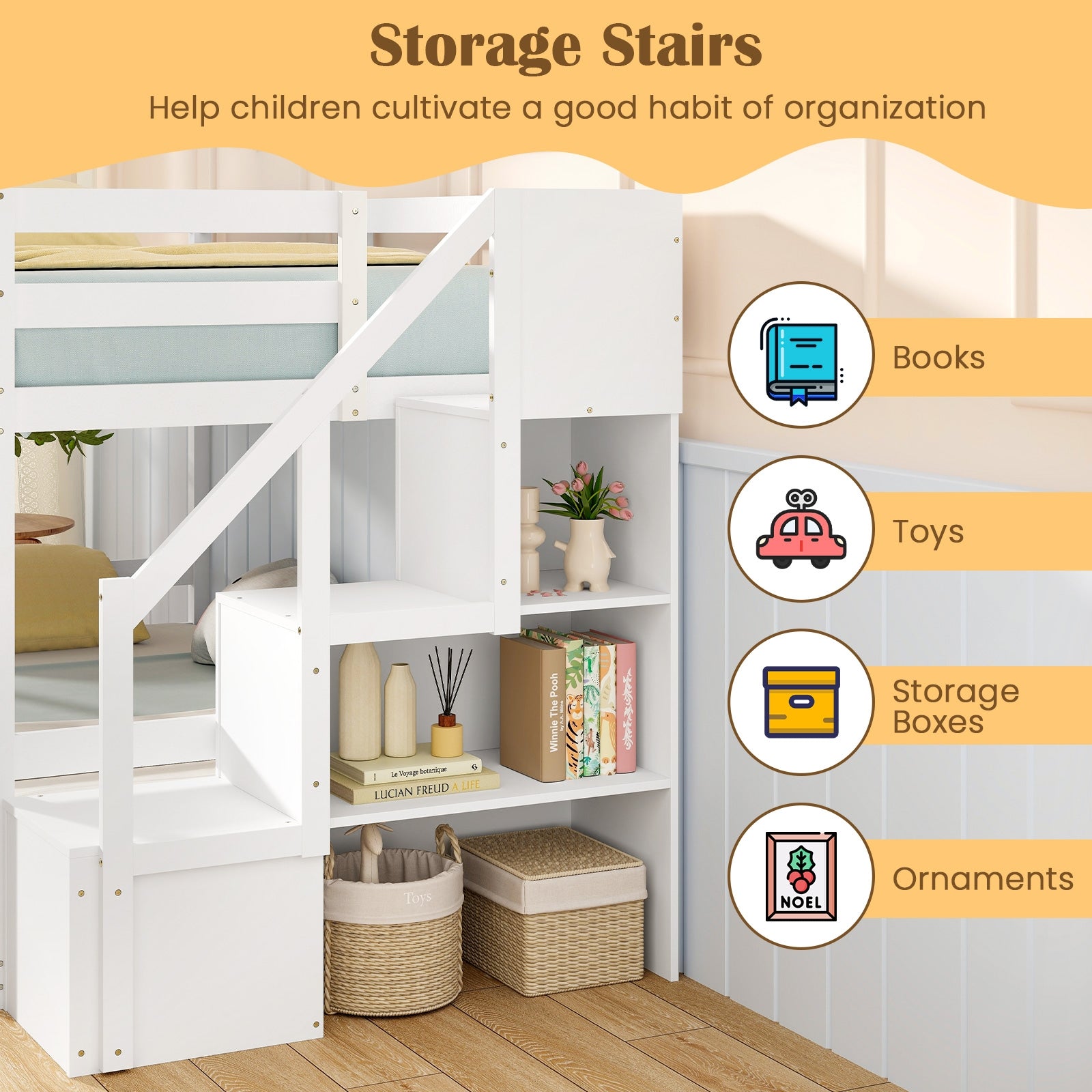 Twin Over Twin Low Bunk Bed with Storage Stairs Solid Wood Floor Bunk Bed Frame, White Bunk Bed Frame   at Gallery Canada