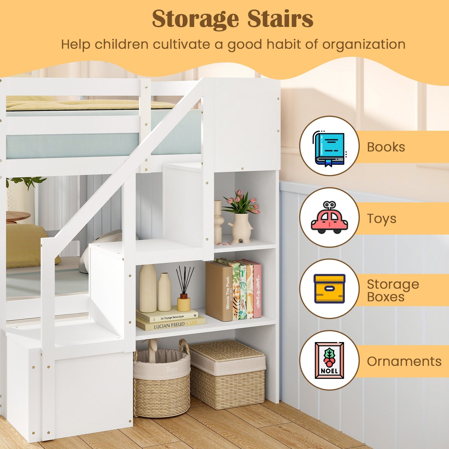 Twin Over Twin Low Bunk Bed with Storage Stairs Solid Wood Floor Bunk Bed Frame, White Bunk Bed Frame   at Gallery Canada