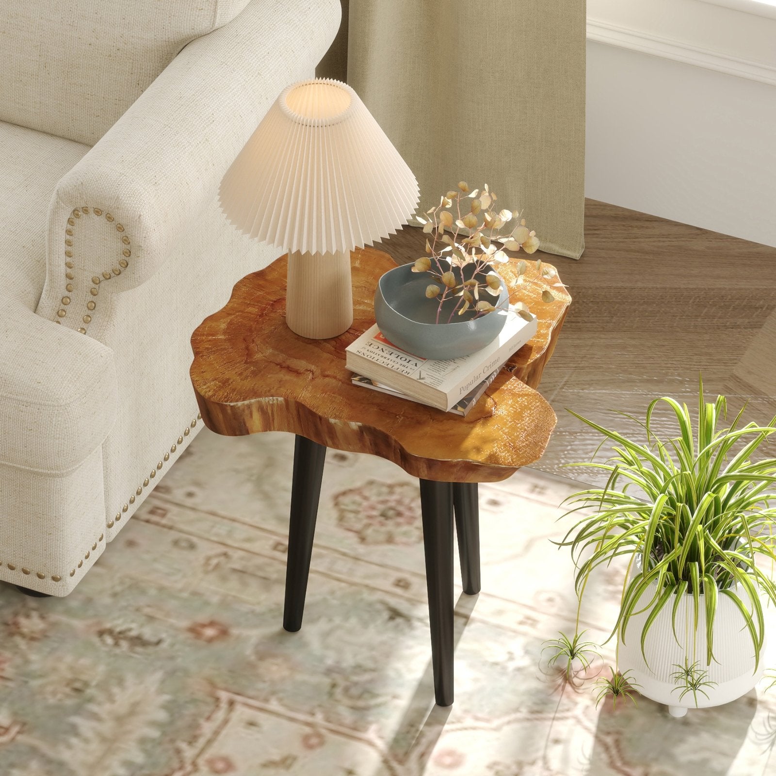 Irregular Solid Teak Wood End Table with Mahogany Tapered Legs, Brown End & Side Tables   at Gallery Canada