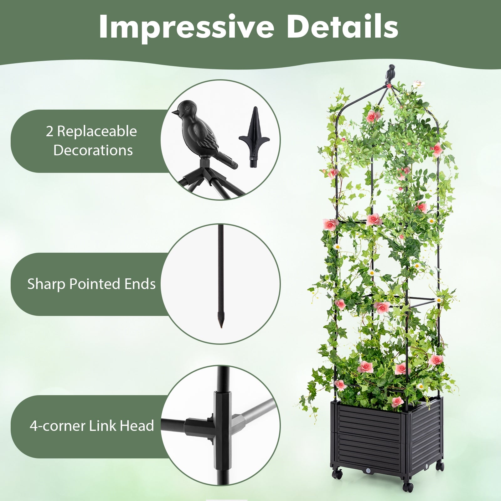 Indoor Outdoor Raised Garden Bed with Trellis and Self-Drainage and Wheels, Black Raised Garden Beds   at Gallery Canada