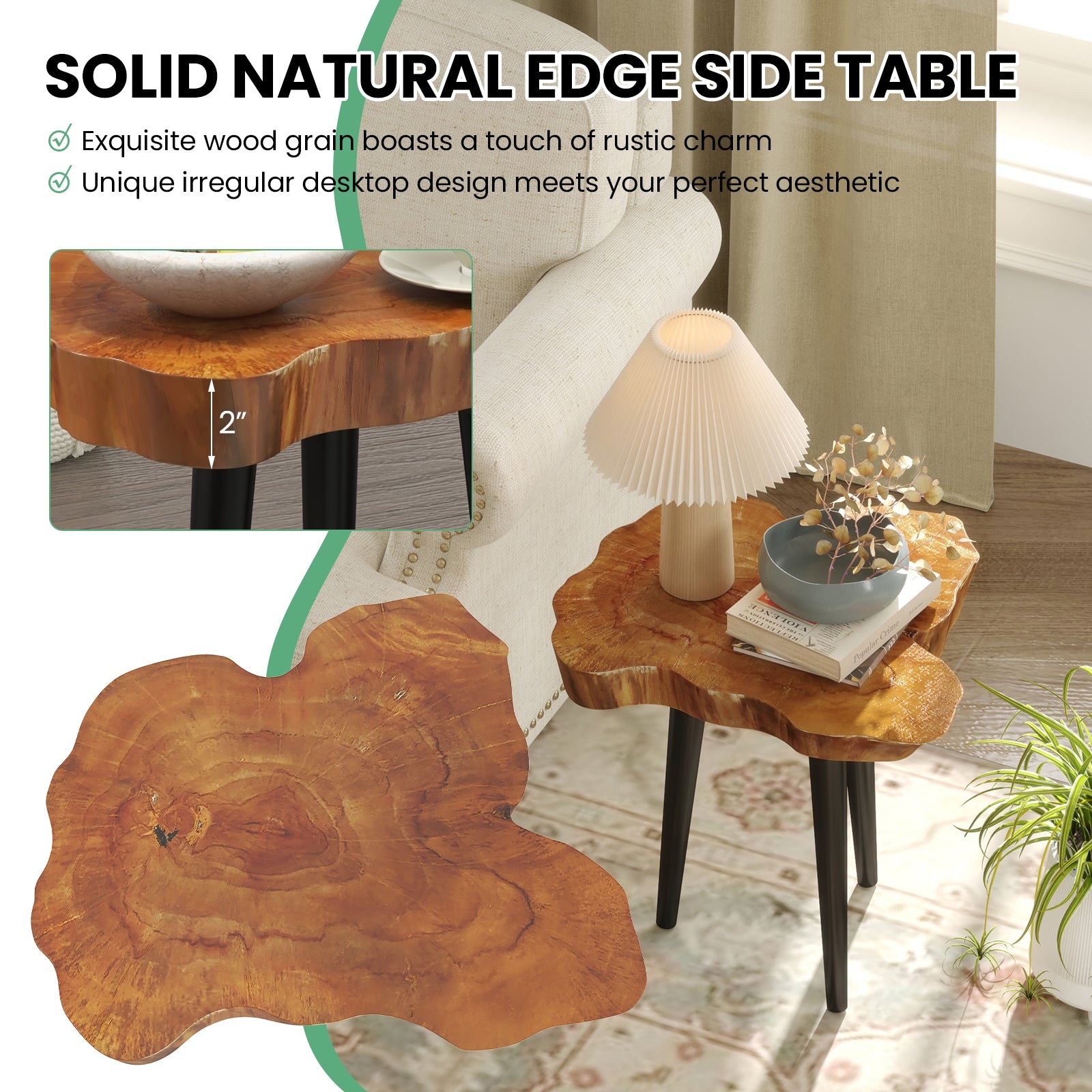 Irregular Solid Teak Wood End Table with Mahogany Tapered Legs, Brown End & Side Tables   at Gallery Canada