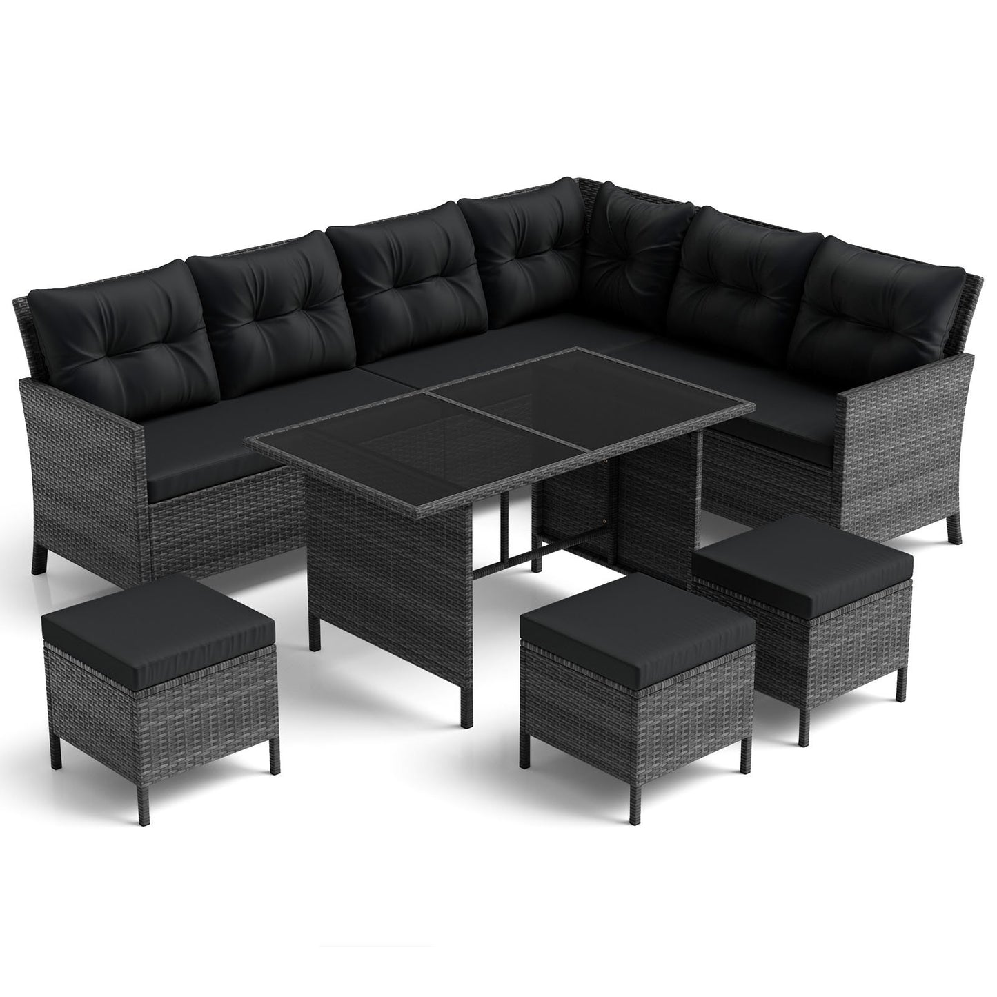 7 Pieces Patio Dining Furniture Set with Soft Cushions and Ottomans, Black Patio Dining Sets Black  at Gallery Canada