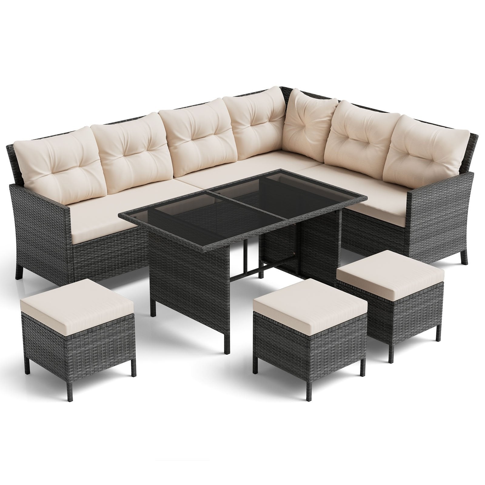 7 Pieces Patio Dining Furniture Set with Soft Cushions and Ottomans, White Patio Dining Sets White  at Gallery Canada