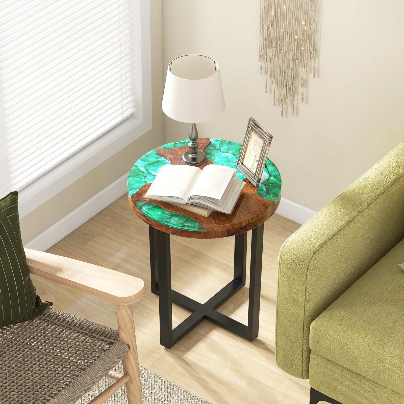 Solid Live Edge Round Teak Wood Outdoor End Table with Epoxy Resin Tabletop End & Side Tables   at Gallery Canada