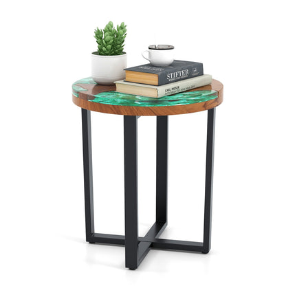 Solid Live Edge Round Teak Wood Outdoor End Table with Epoxy Resin Tabletop End & Side Tables   at Gallery Canada