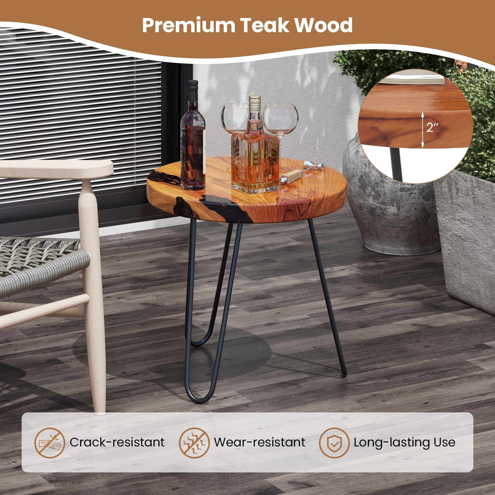 Rustic Round Solid Teak Wood Live Edge Outdoor Side End Table for Patio, Brown End & Side Tables   at Gallery Canada