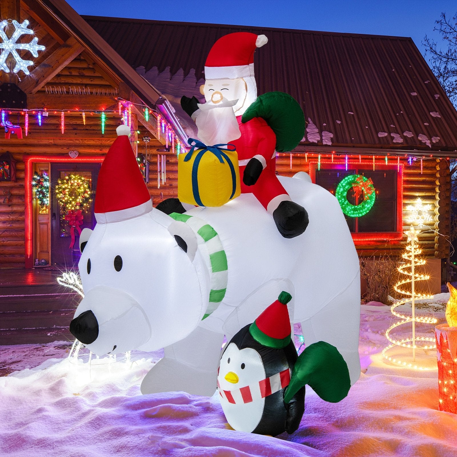 7 Feet Inflatable Santa Claus Riding Bear with Penguin Gift Bags and Gift Box, Multicolor Christmas Inflatables   at Gallery Canada