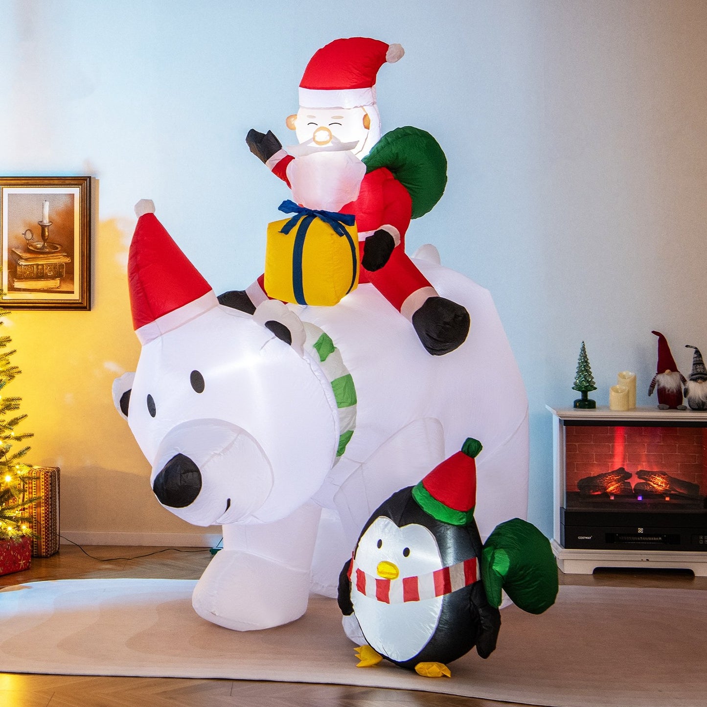 7 Feet Inflatable Santa Claus Riding Bear with Penguin Gift Bags and Gift Box, Multicolor Christmas Inflatables   at Gallery Canada