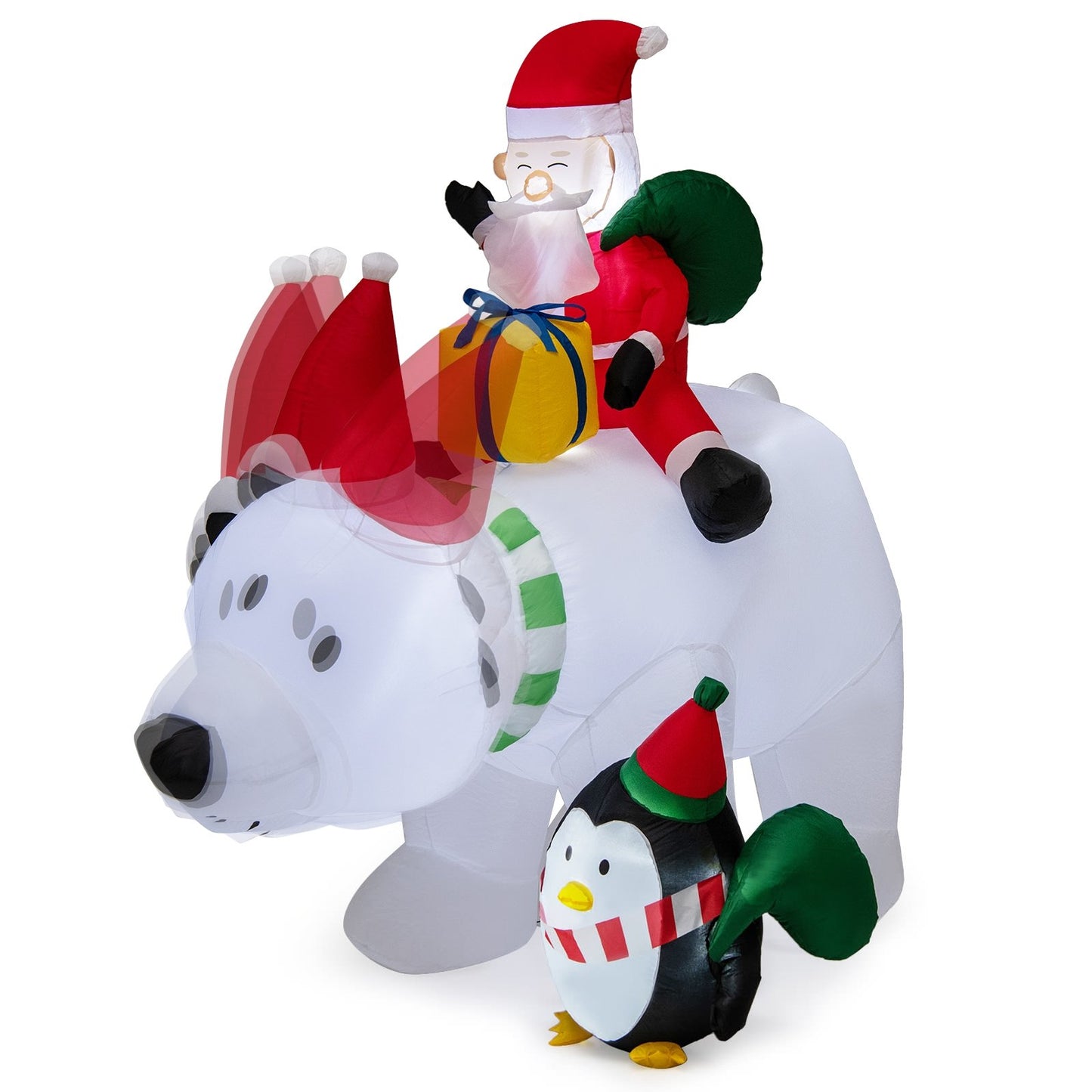 7 Feet Inflatable Santa Claus Riding Bear with Penguin Gift Bags and Gift Box, Multicolor Christmas Inflatables   at Gallery Canada