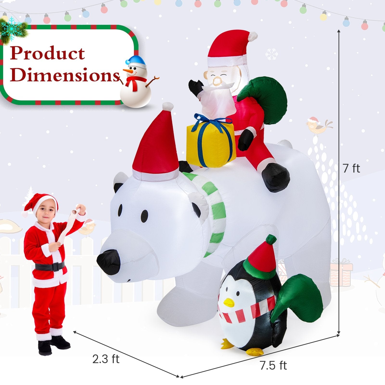 7 Feet Inflatable Santa Claus Riding Bear with Penguin Gift Bags and Gift Box, Multicolor Christmas Inflatables   at Gallery Canada