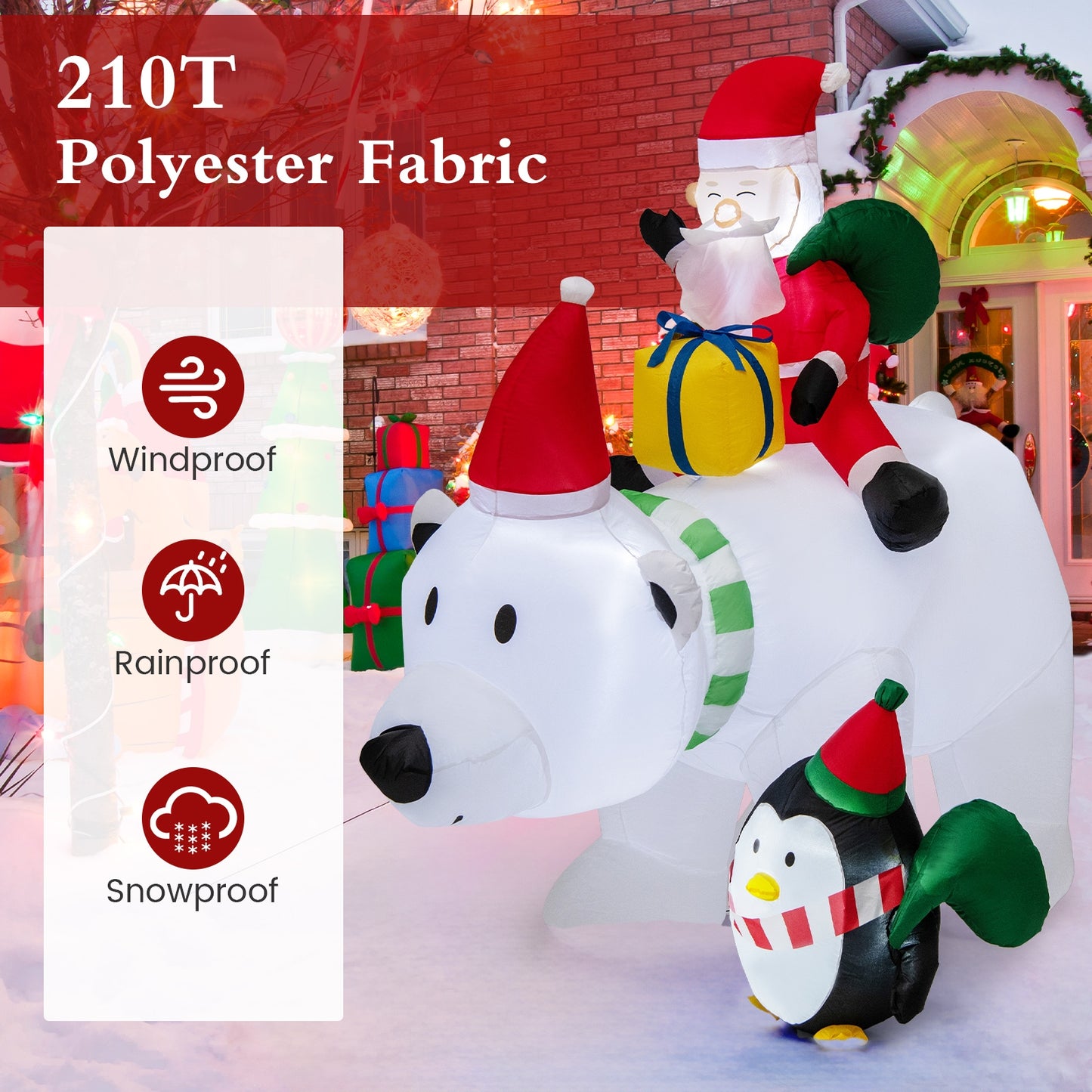 7 Feet Inflatable Santa Claus Riding Bear with Penguin Gift Bags and Gift Box, Multicolor Christmas Inflatables   at Gallery Canada