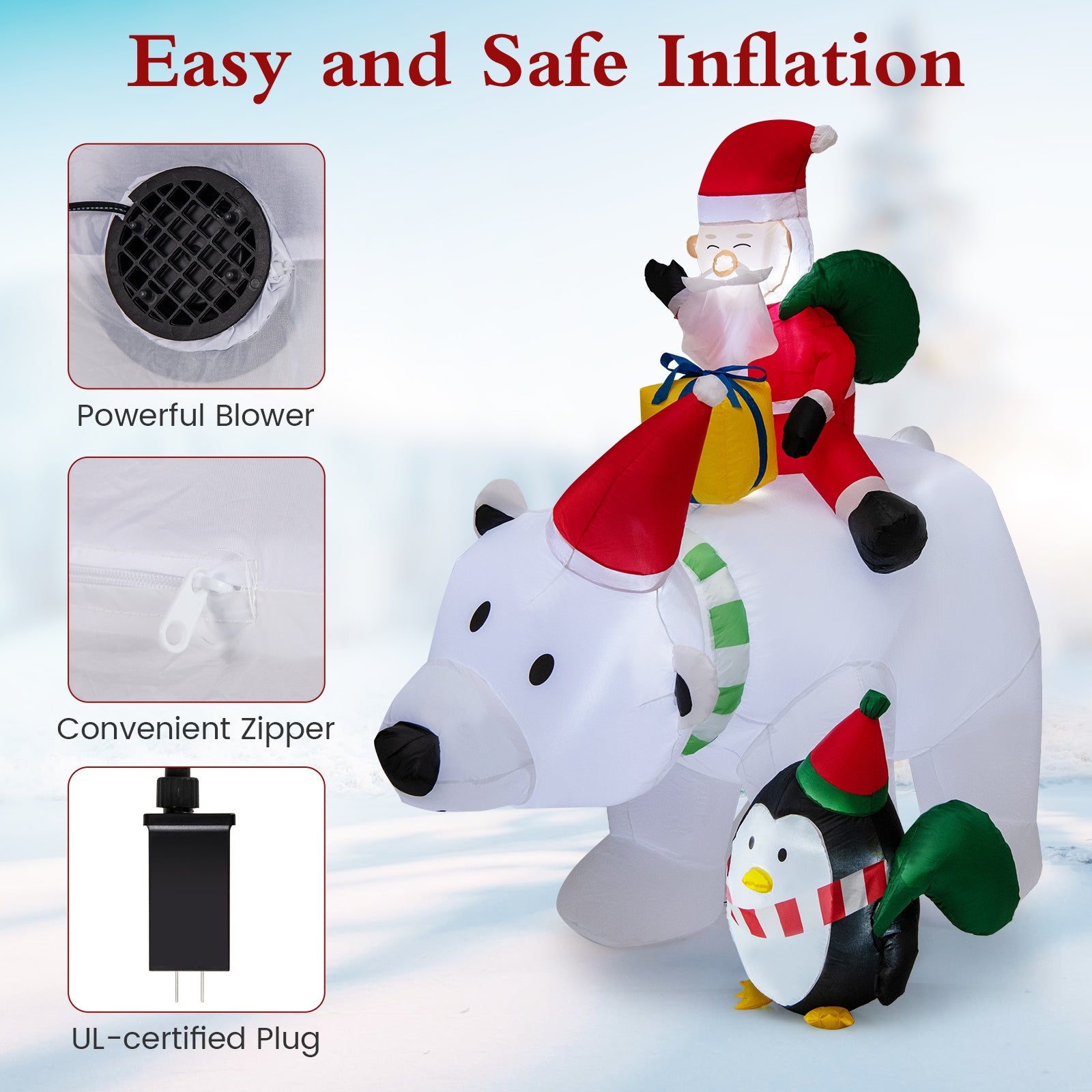 7 Feet Inflatable Santa Claus Riding Bear with Penguin Gift Bags and Gift Box, Multicolor Christmas Inflatables   at Gallery Canada