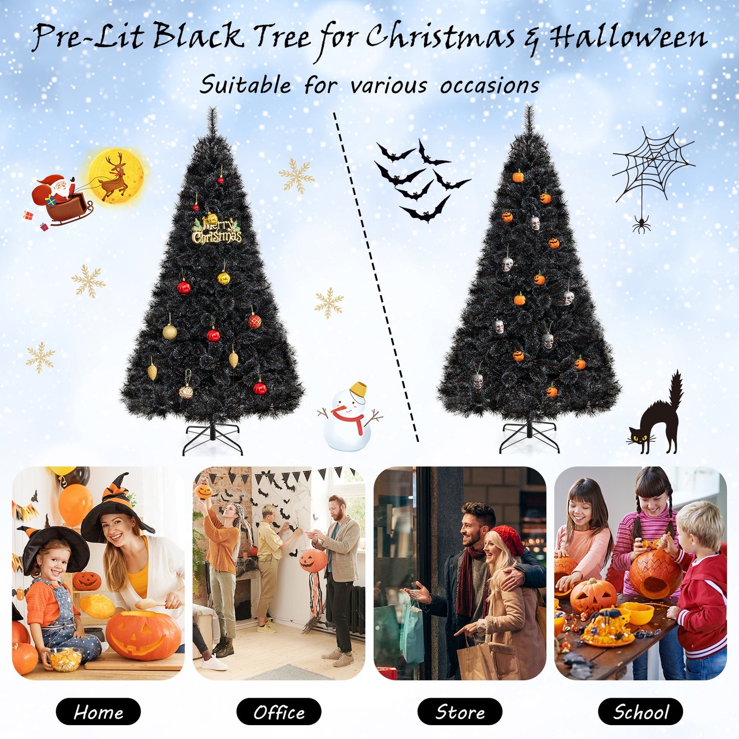 6/7/8 Feet Black Artificial Halloween Christmas Tree with PVC Branch Tips and 210/320/450 Cool White LED Lights-L Christmas Tree   at Gallery Canada