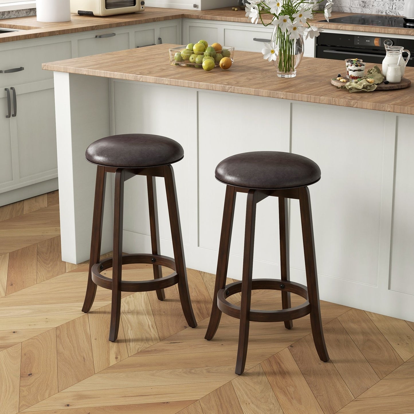 Set of 2 24/29 Inch Upholstered PU Leather Bar Stool with 360° Swivel Round Seat-29 inches Bar Stools   at Gallery Canada