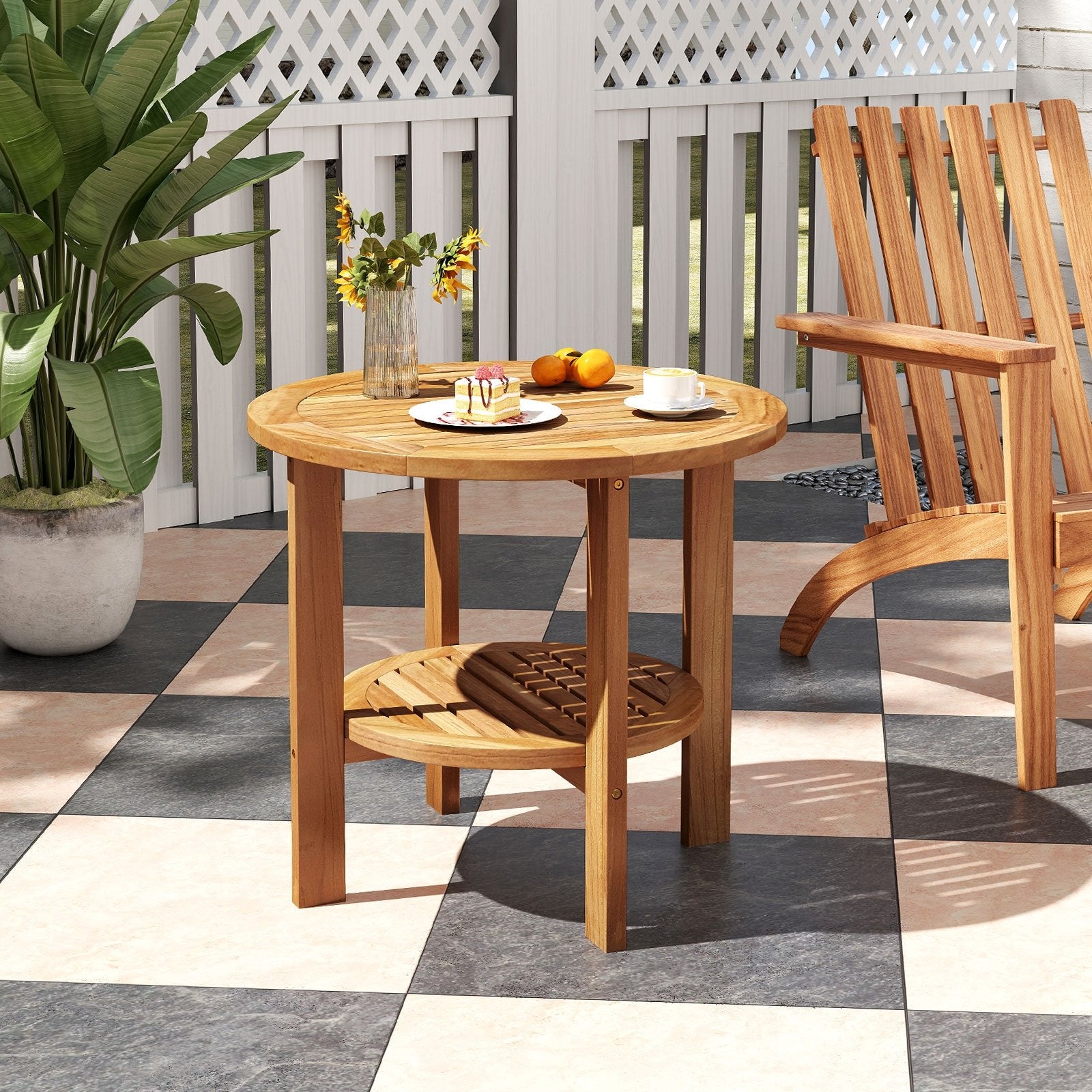 Outdoor Teak Wood Round Side Table Patio End Table with Slatted Storage Shelf, Natural Patio Coffee Tables   at Gallery Canada