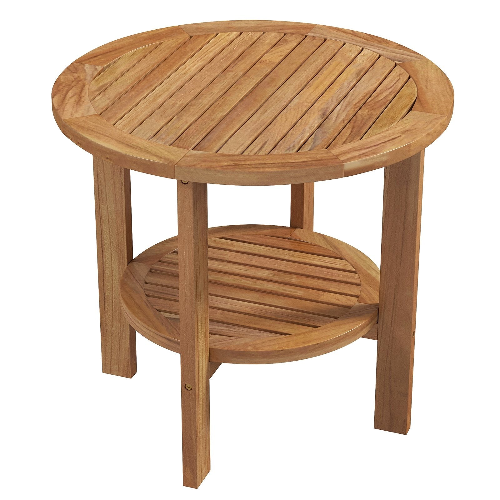 Outdoor Teak Wood Round Side Table Patio End Table with Slatted Storage Shelf, Natural Patio Coffee Tables Natural  at Gallery Canada