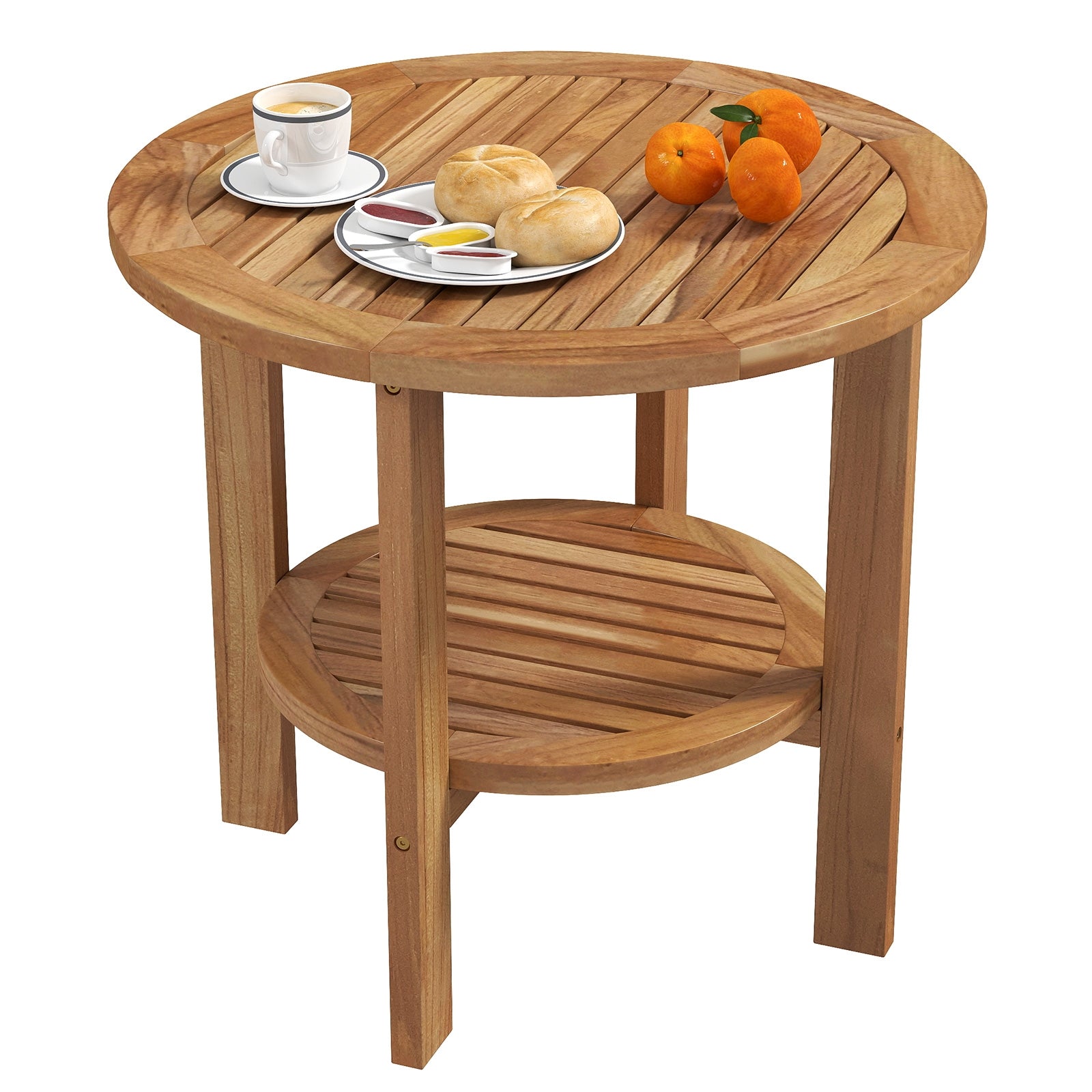 Outdoor Teak Wood Round Side Table Patio End Table with Slatted Storage Shelf, Natural Patio Coffee Tables   at Gallery Canada