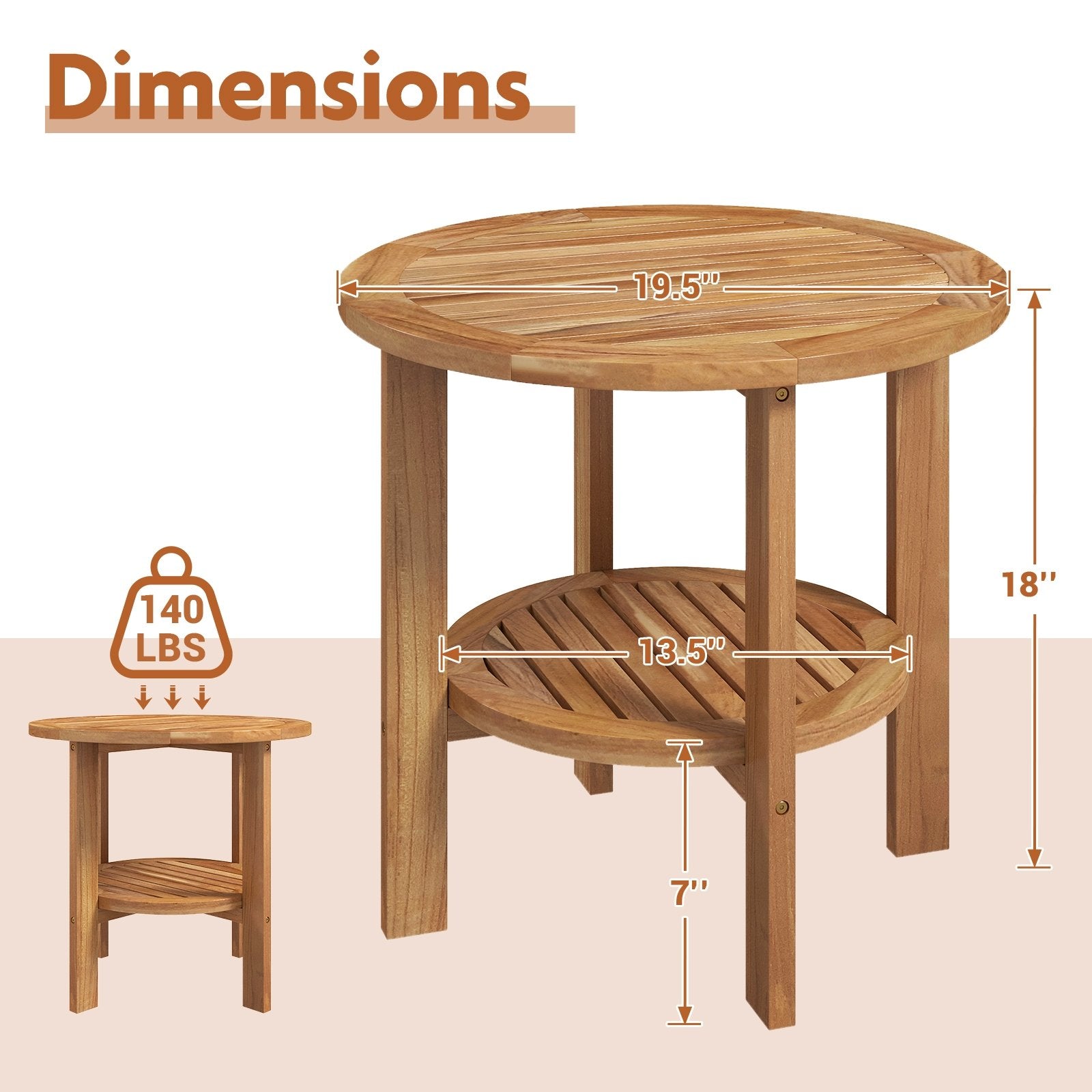 Outdoor Teak Wood Round Side Table Patio End Table with Slatted Storage Shelf, Natural Patio Coffee Tables   at Gallery Canada