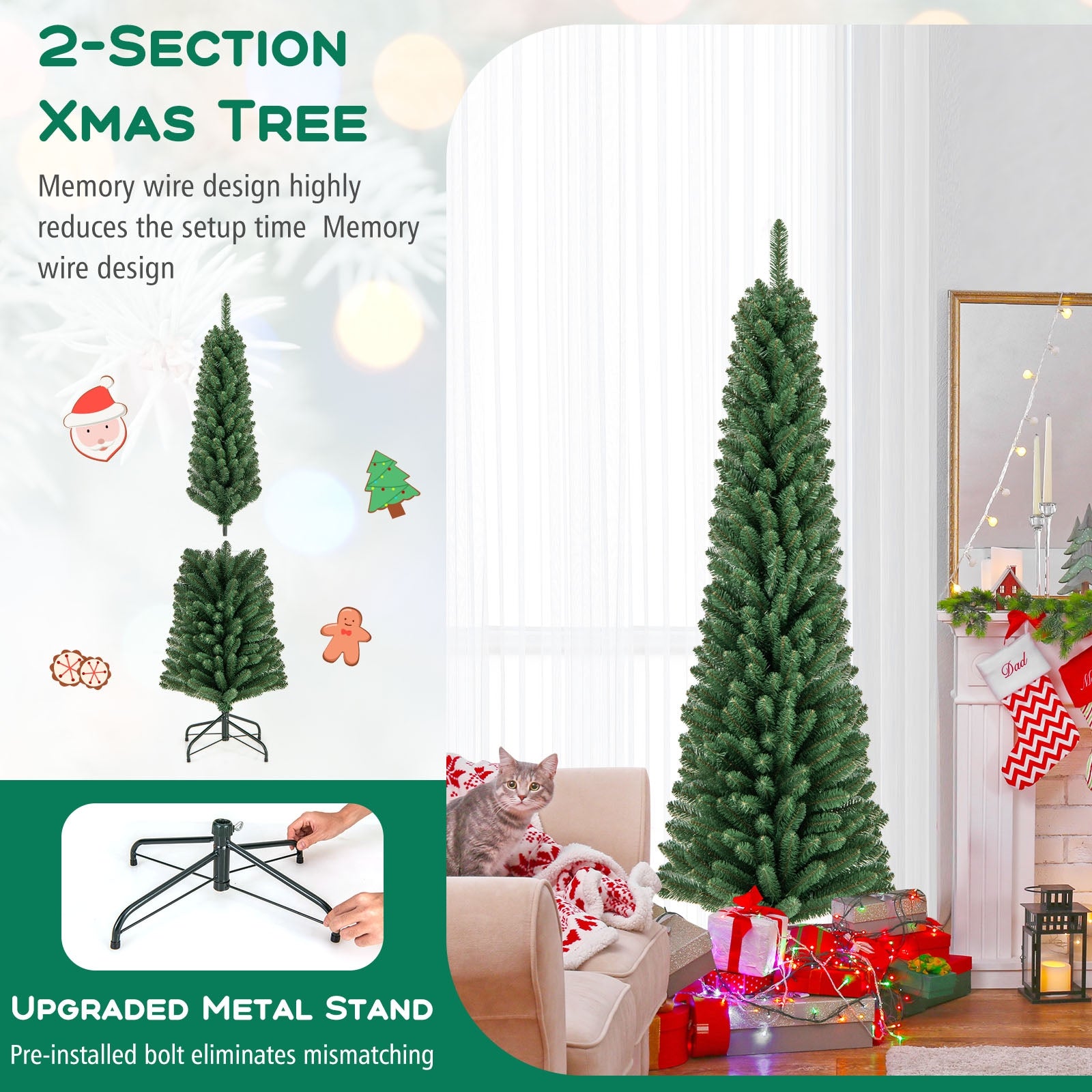 5/6/7/8 Feet Pencil Christmas Tree with 295/392/523/671 Memory Wire Branch Tips and Upgraded Metal Stand-6 ft Christmas Tree   at Gallery Canada