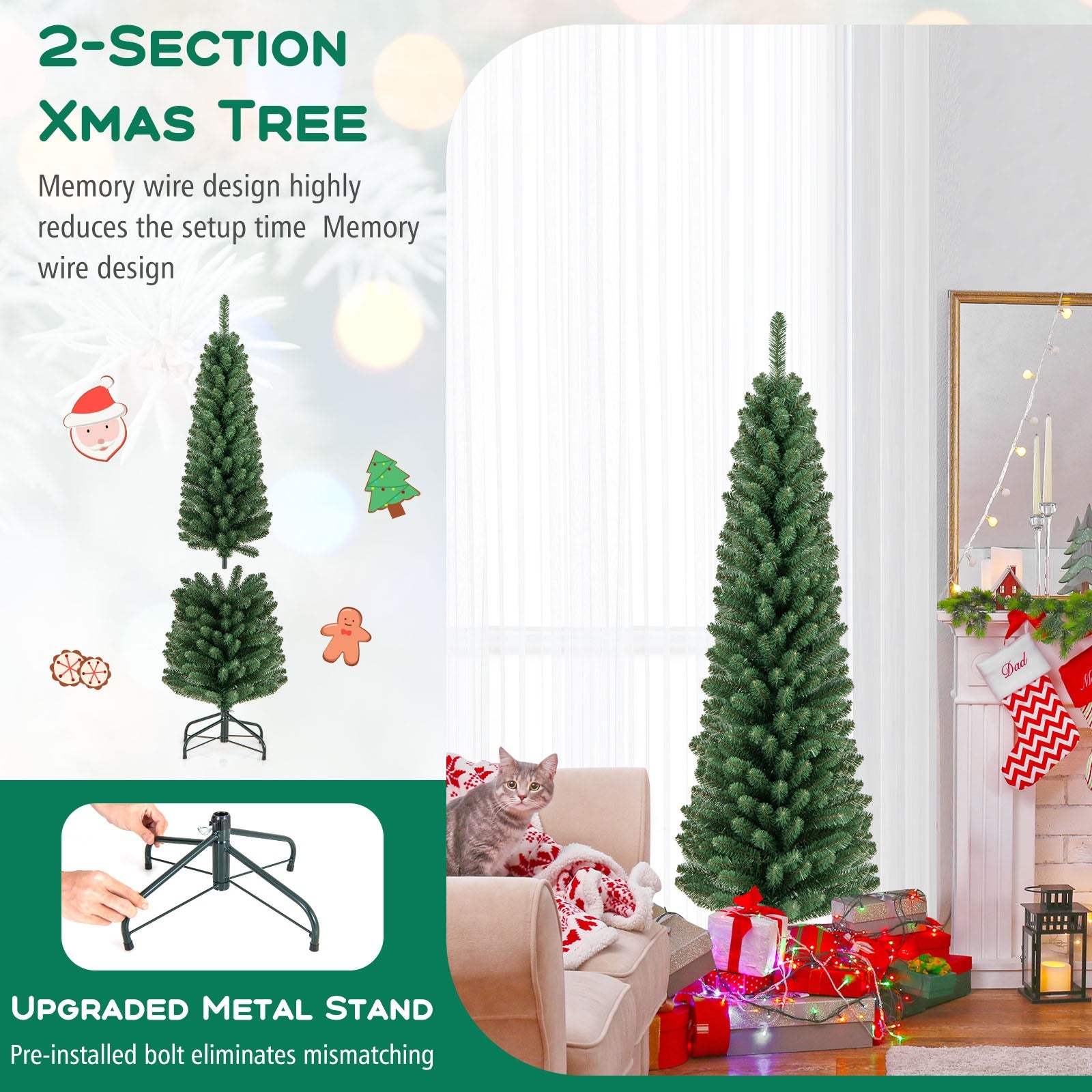 5/6/7/8 Feet Pencil Christmas Tree with 295/392/523/671 Memory Wire Branch Tips and Upgraded Metal Stand-5 feet Christmas Tree   at Gallery Canada