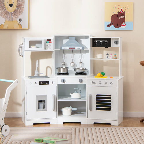 Pretend Play Kitchen Wooden Toy Set with Range Hood Real Sounds and Lights, White