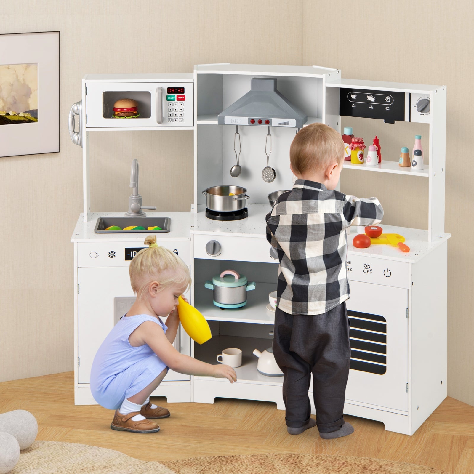 Pretend Play Kitchen Wooden Toy Set with Range Hood Real Sounds and Lights, White Play Kitchen Sets at Gallery Canada