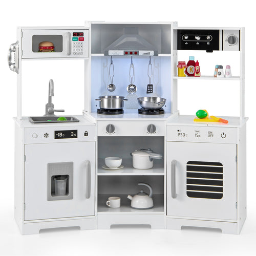Pretend Play Kitchen Wooden Toy Set with Range Hood Real Sounds and Lights, White