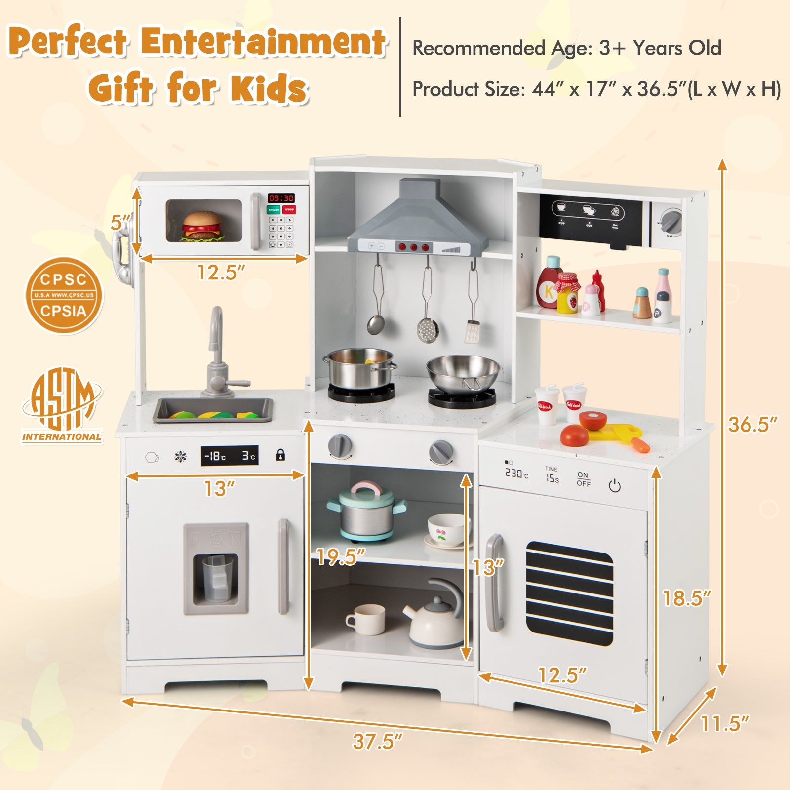 Pretend Play Kitchen Wooden Toy Set with Range Hood Real Sounds and Lights, White Play Kitchen Sets at Gallery Canada
