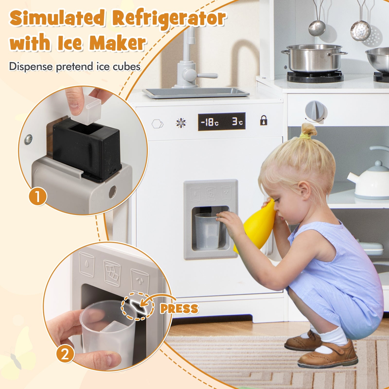 Pretend Play Kitchen Wooden Toy Set with Range Hood Real Sounds and Lights, White Play Kitchen Sets at Gallery Canada
