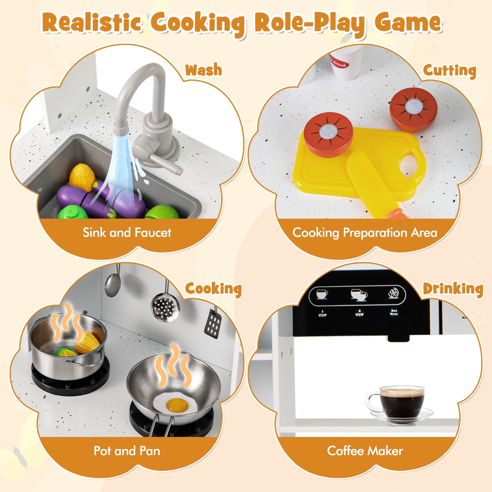 Pretend Play Kitchen Wooden Toy Set with Range Hood Real Sounds and Lights, White Play Kitchen Sets at Gallery Canada