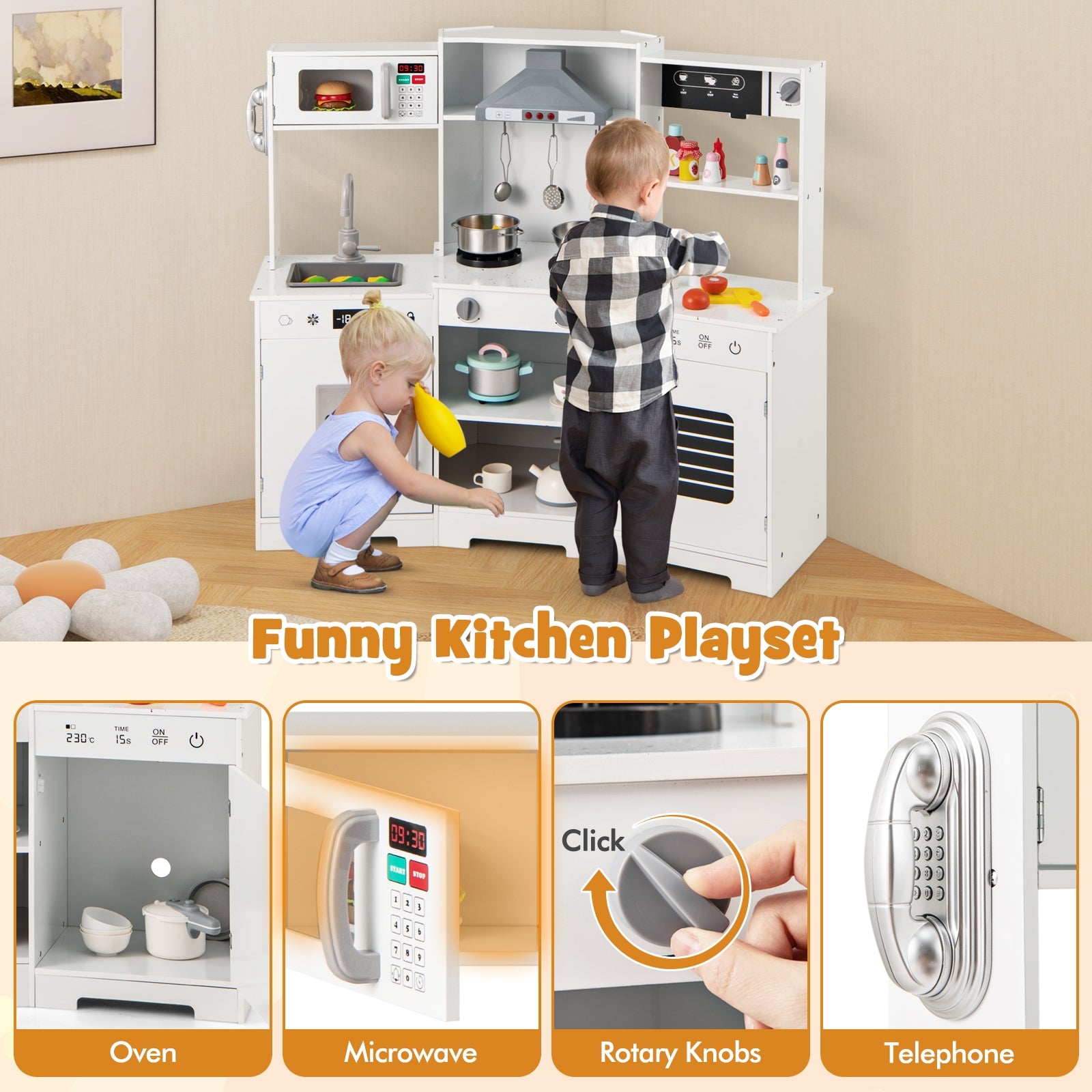 Pretend Play Kitchen Wooden Toy Set with Range Hood Real Sounds and Lights, White Play Kitchen Sets at Gallery Canada